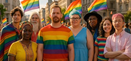 A vibrant, high-definition portrait of a diverse group of people standing together in solidarity at a bustling city square. Each individual is expressing their uniqueness through colorful clothing and accessories that represent various cultures and identities. In the background, city buildings blend modern architecture with historical elements, while rainbow flags gently flutter in the breeze, symbolizing unity and inclusion. The sunlight casts a warm glow over the scene, creating an uplifting and hopeful atmosphere that embodies the spirit of human rights and equality.