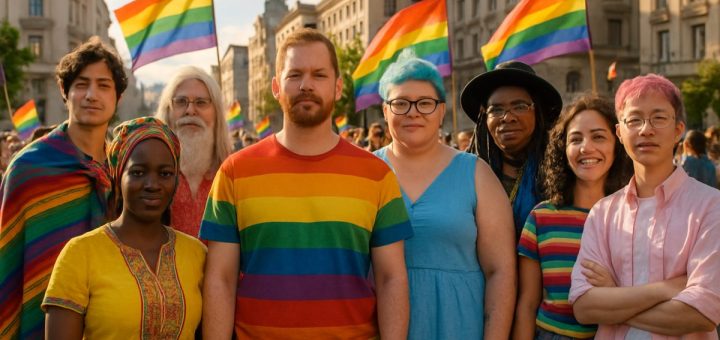 A vibrant, high-definition portrait of a diverse group of people standing together in solidarity at a bustling city square. Each individual is expressing their uniqueness through colorful clothing and accessories that represent various cultures and identities. In the background, city buildings blend modern architecture with historical elements, while rainbow flags gently flutter in the breeze, symbolizing unity and inclusion. The sunlight casts a warm glow over the scene, creating an uplifting and hopeful atmosphere that embodies the spirit of human rights and equality.