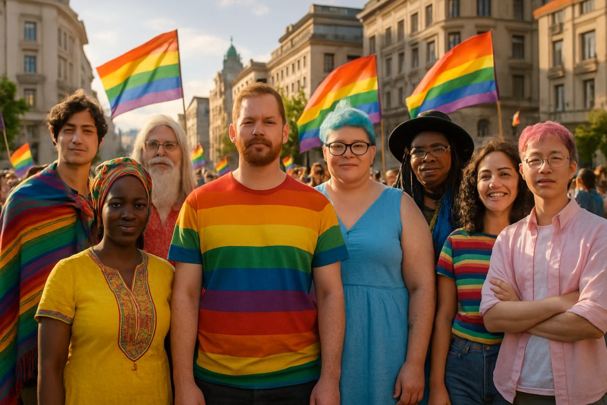 A vibrant, high-definition portrait of a diverse group of people standing together in solidarity at a bustling city square. Each individual is expressing their uniqueness through colorful clothing and accessories that represent various cultures and identities. In the background, city buildings blend modern architecture with historical elements, while rainbow flags gently flutter in the breeze, symbolizing unity and inclusion. The sunlight casts a warm glow over the scene, creating an uplifting and hopeful atmosphere that embodies the spirit of human rights and equality.