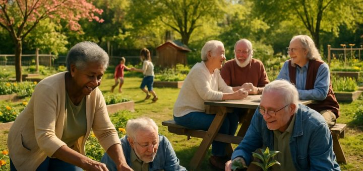A serene, sunlit community garden filled with diverse, elderly individuals engaging in various activities: some are tending to blooming flowers, while others are gathering around a picnic table, sharing stories and laughter. In the background, vibrant trees sway gently in the breeze, and children play nearby, showcasing intergenerational connections. The scene embodies warmth, support, and community spirit. Capture this moment in high definition, emphasizing the beauty of companionship and the richness of life.