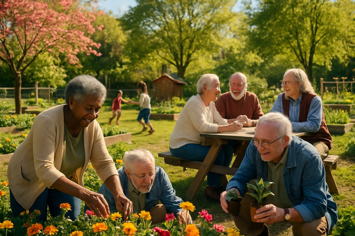 A serene, sunlit community garden filled with diverse, elderly individuals engaging in various activities: some are tending to blooming flowers, while others are gathering around a picnic table, sharing stories and laughter. In the background, vibrant trees sway gently in the breeze, and children play nearby, showcasing intergenerational connections. The scene embodies warmth, support, and community spirit. Capture this moment in high definition, emphasizing the beauty of companionship and the richness of life.