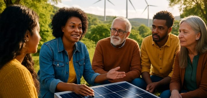 A vibrant, high-definition image of a diverse group of people gathered in an outdoor setting, engaged in a thoughtful discussion around a solar panel installation. The backdrop features a lush landscape with wind turbines visible in the distance, symbolizing sustainable energy. The scene captures the warmth of sunlight filtering through trees, creating a hopeful and inclusive atmosphere, emphasizing equity and collaboration. Each participant reflects various backgrounds and ages, showcasing unity in their shared goal of advocating for energy justice and human rights.