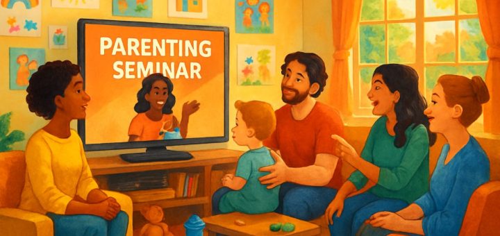 A vibrant digital artwork depicting a cozy, sunlit living room where a diverse group of parents is engaged in an online parenting seminar on a large screen. The room is filled with colorful children's drawings on the walls, toys scattered about, and a window showcasing a warm, inviting garden outside. Each parent displays a range of emotions – curiosity, joy, and shared understanding – as they interact with the seminar content. The image exudes a sense of community, warmth, and positive energy, capturing the essence of connection and modern parenting support. Please create this image in high definition.