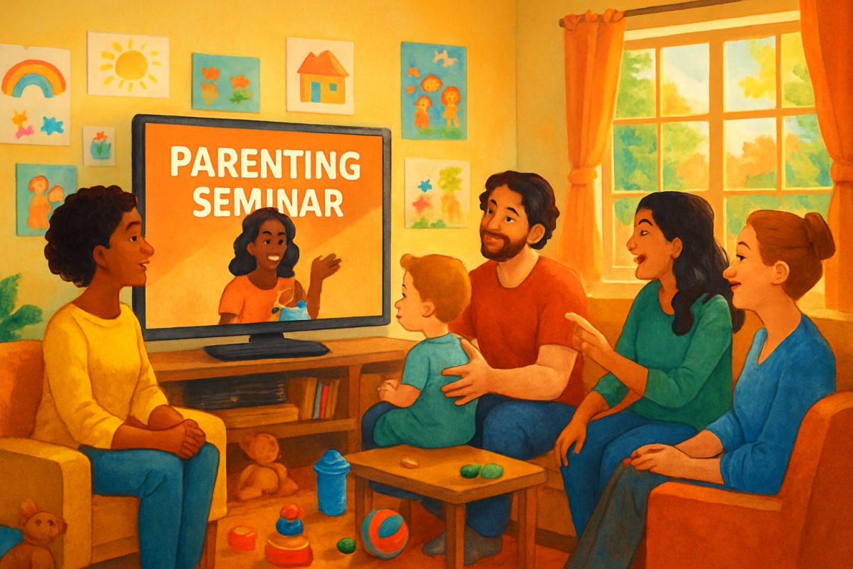 A vibrant digital artwork depicting a cozy, sunlit living room where a diverse group of parents is engaged in an online parenting seminar on a large screen. The room is filled with colorful children's drawings on the walls, toys scattered about, and a window showcasing a warm, inviting garden outside. Each parent displays a range of emotions – curiosity, joy, and shared understanding – as they interact with the seminar content. The image exudes a sense of community, warmth, and positive energy, capturing the essence of connection and modern parenting support. Please create this image in high definition.