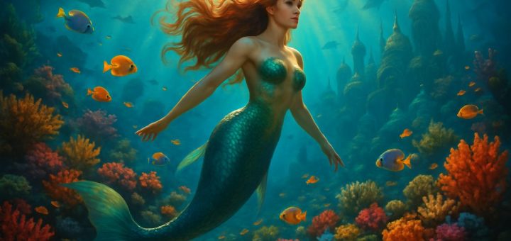 An ethereal underwater scene featuring a vibrant coral reef illuminated by shafts of golden sunlight filtering through the ocean's surface. A magnificent mermaid with flowing hair and shimmering scales glides gracefully among colorful fish and swaying sea plants, displaying a sense of empowerment and curiosity. In the background, a surreal blend of sea creatures and an ornate underwater kingdom can be glimpsed, inviting viewers into a world of wonder and adaptation. The colors should be vivid and enchanting, capturing the magic of the aquatic realm in high definition.