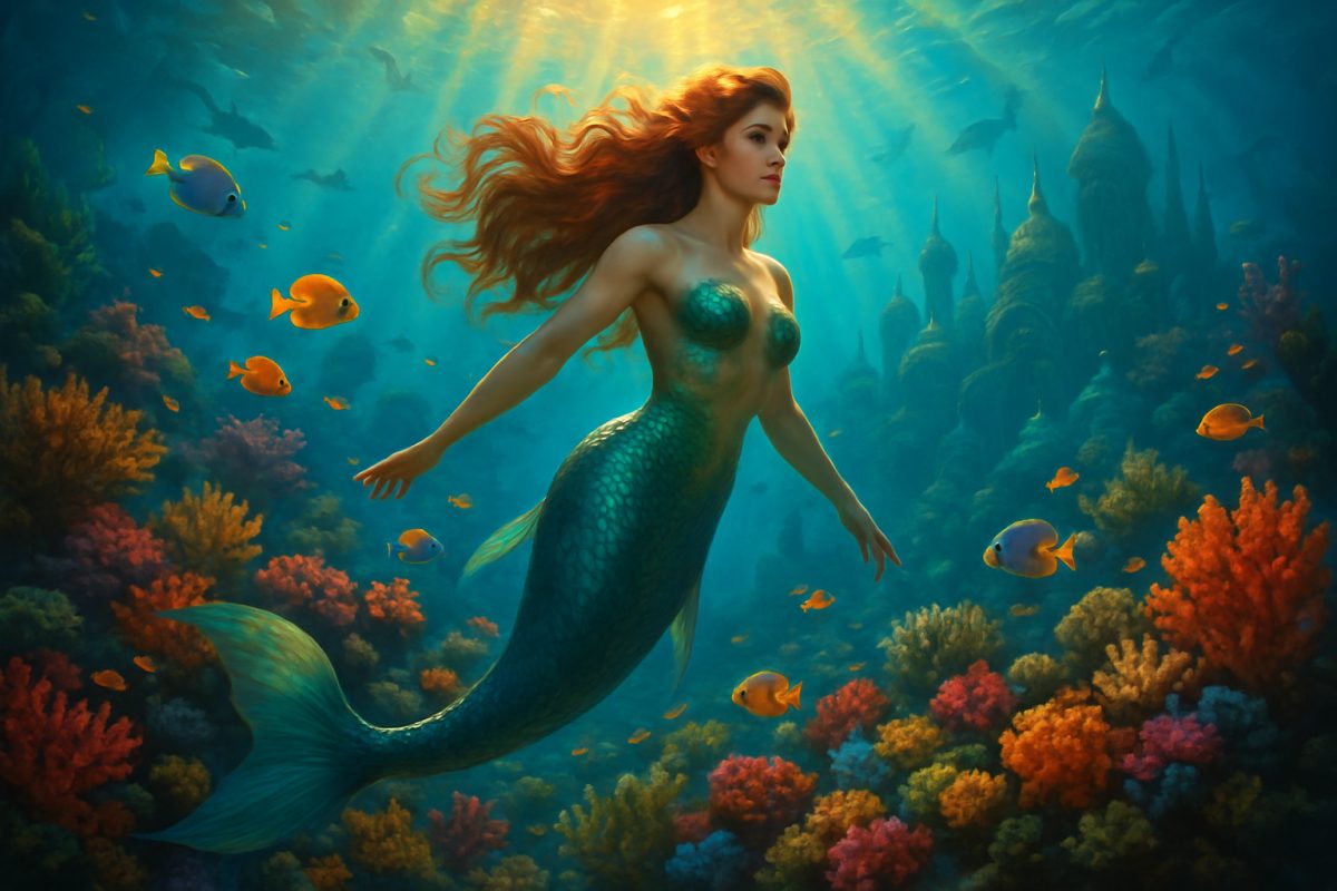 An ethereal underwater scene featuring a vibrant coral reef illuminated by shafts of golden sunlight filtering through the ocean's surface. A magnificent mermaid with flowing hair and shimmering scales glides gracefully among colorful fish and swaying sea plants, displaying a sense of empowerment and curiosity. In the background, a surreal blend of sea creatures and an ornate underwater kingdom can be glimpsed, inviting viewers into a world of wonder and adaptation. The colors should be vivid and enchanting, capturing the magic of the aquatic realm in high definition.