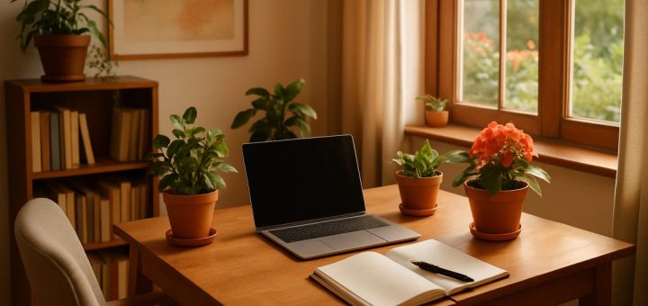 A cozy home office bathed in warm, natural light, featuring a stylish desk adorned with a laptop, vibrant potted plants, and an open notebook with a fountain pen resting on it. A comfortable chair sits nearby, inviting creativity, while a window reveals a picturesque garden view. In the background, soft abstract art adds a touch of inspiration to the atmosphere. Capture this scene in high definition, highlighting the harmonious blend of productivity and comfort in a creative workspace.