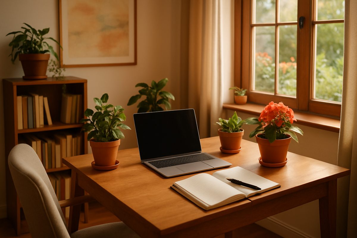 A cozy home office bathed in warm, natural light, featuring a stylish desk adorned with a laptop, vibrant potted plants, and an open notebook with a fountain pen resting on it. A comfortable chair sits nearby, inviting creativity, while a window reveals a picturesque garden view. In the background, soft abstract art adds a touch of inspiration to the atmosphere. Capture this scene in high definition, highlighting the harmonious blend of productivity and comfort in a creative workspace.