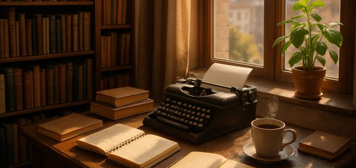A cozy, well-lit writing nook featuring a vintage desk cluttered with notebooks, a steaming cup of coffee, and a classic typewriter, surrounded by shelves filled with books. Sunlight filters through a nearby window, casting warm shadows, while a houseplant adds a hint of green. In the background, a soft-focus view of a bustling city can be seen through the window, symbolizing the connection between traditional writing and the modern world. High definition.