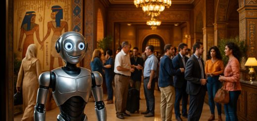 A bustling hotel lobby in Cairo, filled with guests checking in and socializing. In the foreground, a sleek, friendly robot stands at the entrance, its metallic frame reflecting the warm lights of the room. Behind it, traditional Egyptian decor with rich textures and colors, including hieroglyphics and detailed patterns, creating a striking contrast with the modern technology. The atmosphere is vibrant and welcoming, capturing the essence of hospitality blending seamlessly with innovation. The image is in high definition, with every detail sharply defined and colors vividly bright, emphasizing the harmony between tradition and the future.