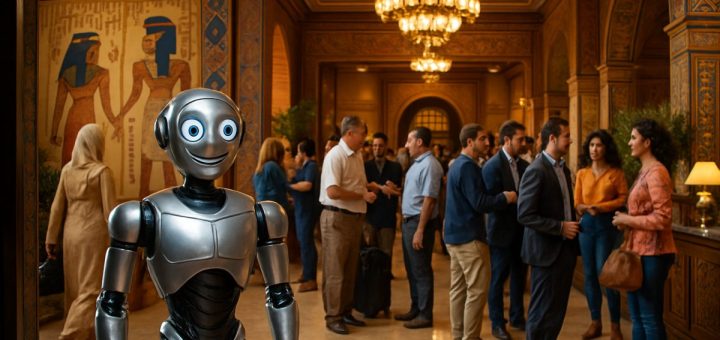A bustling hotel lobby in Cairo, filled with guests checking in and socializing. In the foreground, a sleek, friendly robot stands at the entrance, its metallic frame reflecting the warm lights of the room. Behind it, traditional Egyptian decor with rich textures and colors, including hieroglyphics and detailed patterns, creating a striking contrast with the modern technology. The atmosphere is vibrant and welcoming, capturing the essence of hospitality blending seamlessly with innovation. The image is in high definition, with every detail sharply defined and colors vividly bright, emphasizing the harmony between tradition and the future.