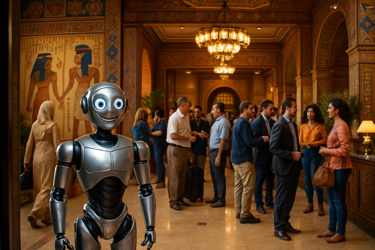A bustling hotel lobby in Cairo, filled with guests checking in and socializing. In the foreground, a sleek, friendly robot stands at the entrance, its metallic frame reflecting the warm lights of the room. Behind it, traditional Egyptian decor with rich textures and colors, including hieroglyphics and detailed patterns, creating a striking contrast with the modern technology. The atmosphere is vibrant and welcoming, capturing the essence of hospitality blending seamlessly with innovation. The image is in high definition, with every detail sharply defined and colors vividly bright, emphasizing the harmony between tradition and the future.