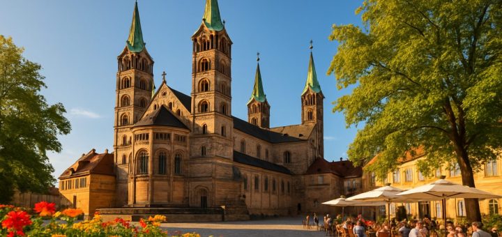 A high definition image of Bamberg Cathedral bathed in the warm golden light of the summer sun, showcasing its intricate stonework and four towering spires against a clear blue sky. Surrounding the cathedral, vibrant flowerbeds burst with colorful blooms, while lush green trees sway gently in a light breeze. Cobblestone streets lead towards the entrance, dotted with cheerful tourists enjoying alfresco dining at nearby cafés, their tables adorned with regional delicacies. The scene captures the lively atmosphere of this charming Bavarian town, inviting viewers to experience the joyous essence of summer in Bamberg.