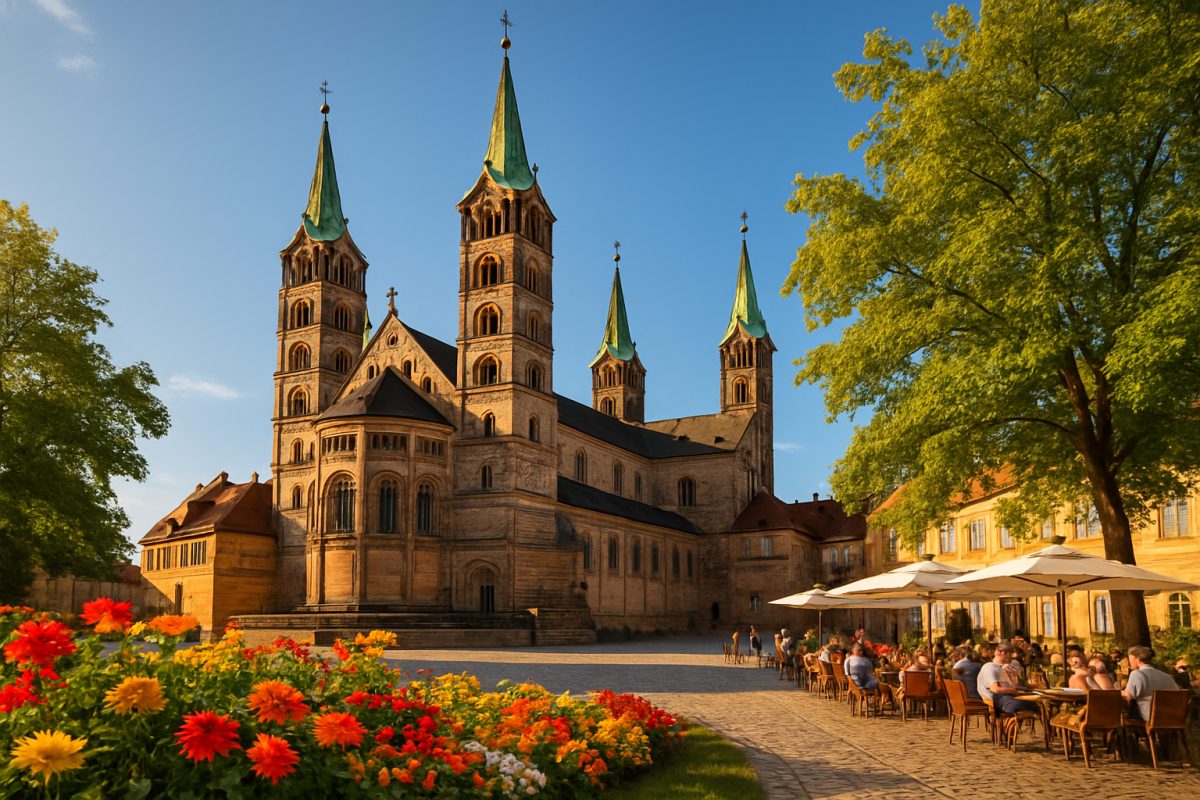 A high definition image of Bamberg Cathedral bathed in the warm golden light of the summer sun, showcasing its intricate stonework and four towering spires against a clear blue sky. Surrounding the cathedral, vibrant flowerbeds burst with colorful blooms, while lush green trees sway gently in a light breeze. Cobblestone streets lead towards the entrance, dotted with cheerful tourists enjoying alfresco dining at nearby cafés, their tables adorned with regional delicacies. The scene captures the lively atmosphere of this charming Bavarian town, inviting viewers to experience the joyous essence of summer in Bamberg.