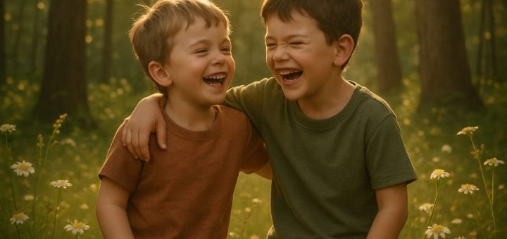 A breathtaking scene unfolds in a sun-drenched forest clearing, where two young boys, captured in mid-laughter, share a moment of unguarded joy. Their carefree expressions and gentle body language convey a deep bond, contrasting the shaded, textured backdrop of tall trees and soft dappled sunlight filtering through the leaves. Surrounding them are wildflowers swaying softly, creating a sense of intimacy and connection with nature. The overall atmosphere radiates warmth and tranquility, inviting the viewer into the tender essence of childhood friendship. High definition, rich colors, and intricate details ensure the image is both captivating and emotive.