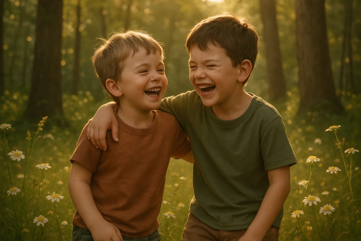 A breathtaking scene unfolds in a sun-drenched forest clearing, where two young boys, captured in mid-laughter, share a moment of unguarded joy. Their carefree expressions and gentle body language convey a deep bond, contrasting the shaded, textured backdrop of tall trees and soft dappled sunlight filtering through the leaves. Surrounding them are wildflowers swaying softly, creating a sense of intimacy and connection with nature. The overall atmosphere radiates warmth and tranquility, inviting the viewer into the tender essence of childhood friendship. High definition, rich colors, and intricate details ensure the image is both captivating and emotive.