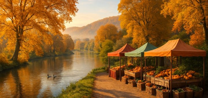 A breathtaking high-definition image of a serene Thames landscape during autumn. The scene features golden and amber trees along a gentle river, reflecting the warm hues of fall. In the foreground, a meandering path leads to a picturesque artisanal market set beneath colorful canopies, showcasing fresh seasonal produce. The distant hills, dusted with a soft morning mist, provide a tranquil backdrop, while a pair of ducks glides gracefully across the water. Sunlight filters through the branches, casting playful shadows, encapsulating the charm and beauty of this tranquil small town getaway.