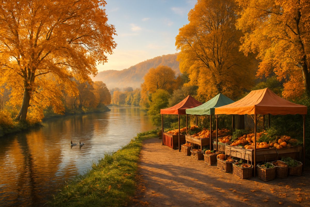 A breathtaking high-definition image of a serene Thames landscape during autumn. The scene features golden and amber trees along a gentle river, reflecting the warm hues of fall. In the foreground, a meandering path leads to a picturesque artisanal market set beneath colorful canopies, showcasing fresh seasonal produce. The distant hills, dusted with a soft morning mist, provide a tranquil backdrop, while a pair of ducks glides gracefully across the water. Sunlight filters through the branches, casting playful shadows, encapsulating the charm and beauty of this tranquil small town getaway.