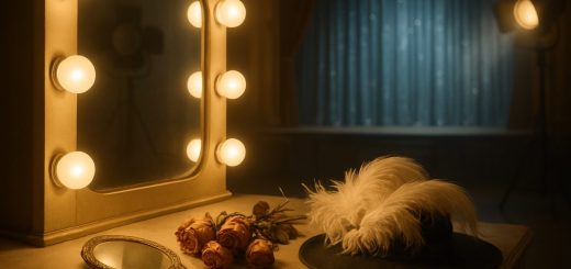 A high-definition image of a vintage Hollywood film set, bathed in a warm golden glow reminiscent of the 1950s. In the foreground, a delicate vanity table adorned with a vintage hand mirror, a bouquet of wilted roses, and an elegant feathered hat. In the background, a dimly lit stage featuring a shimmering blue curtain, evoking a sense of nostalgia and melancholy. Soft, ethereal lighting casts gentle shadows, hinting at the glamour and pain of a bygone era, encapsulating the tragic beauty of an actress in her prime.