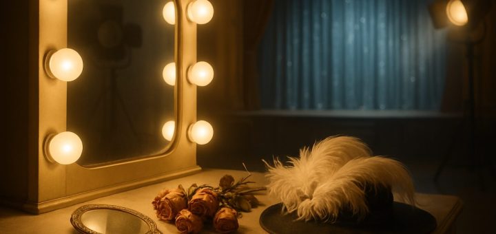A high-definition image of a vintage Hollywood film set, bathed in a warm golden glow reminiscent of the 1950s. In the foreground, a delicate vanity table adorned with a vintage hand mirror, a bouquet of wilted roses, and an elegant feathered hat. In the background, a dimly lit stage featuring a shimmering blue curtain, evoking a sense of nostalgia and melancholy. Soft, ethereal lighting casts gentle shadows, hinting at the glamour and pain of a bygone era, encapsulating the tragic beauty of an actress in her prime.