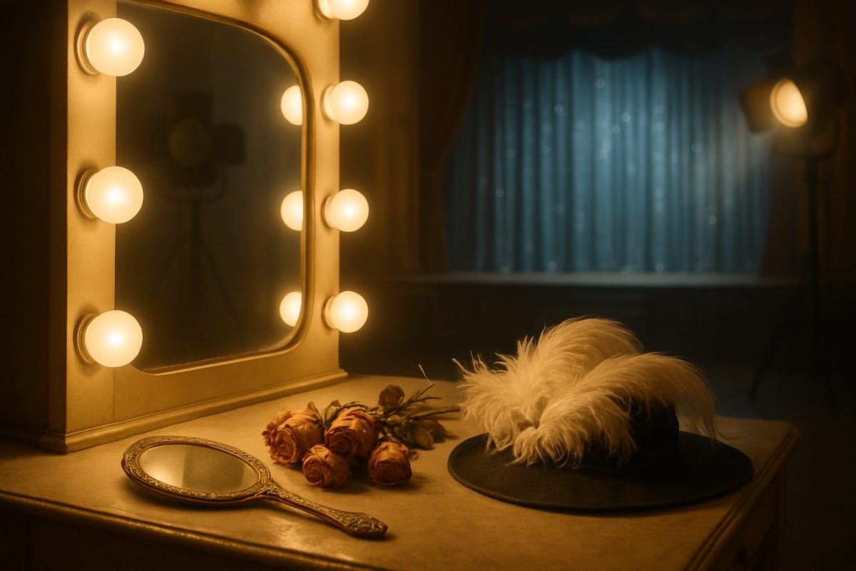 A high-definition image of a vintage Hollywood film set, bathed in a warm golden glow reminiscent of the 1950s. In the foreground, a delicate vanity table adorned with a vintage hand mirror, a bouquet of wilted roses, and an elegant feathered hat. In the background, a dimly lit stage featuring a shimmering blue curtain, evoking a sense of nostalgia and melancholy. Soft, ethereal lighting casts gentle shadows, hinting at the glamour and pain of a bygone era, encapsulating the tragic beauty of an actress in her prime.