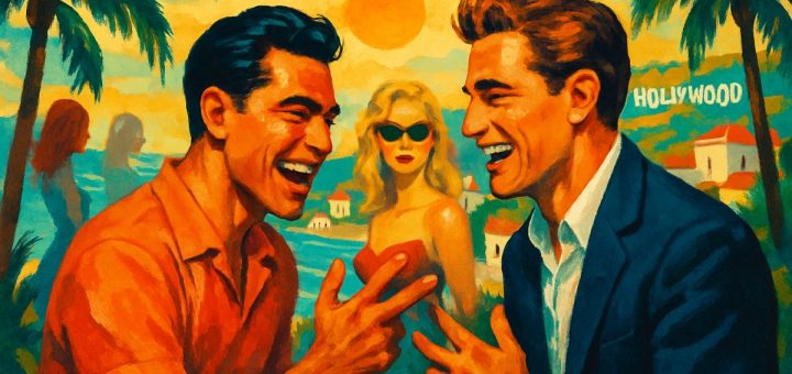 A vibrant illustration capturing a sun-soaked Mediterranean landscape with striking contrasts of glossy Hollywood allure intertwined with intimate moments. In the foreground, two male figures share a laugh, gesturing playfully as elements of stardom and friendship surround them, while faint silhouettes of female characters linger in the background, suggesting depth and unvoiced stories. The scene is filled with color and life, framed by palm trees and ocean waves, evoking a sense of nostalgia and escapism, all rendered in high definition.