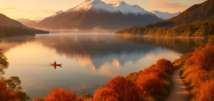 A serene view of Lake Te Anau at sunrise, with soft golden light illuminating the tranquil waters and casting gentle reflections of the snow-capped mountains and lush green landscapes. In the foreground, a hiking trail winds through vibrant autumn foliage, showcasing hues of russet and gold. A lone kayaker glides gracefully across the lake, while wisps of mist rise gently, adding a touch of mystery to the scene. High definition, capturing the beauty and tranquility of this enchanting destination.