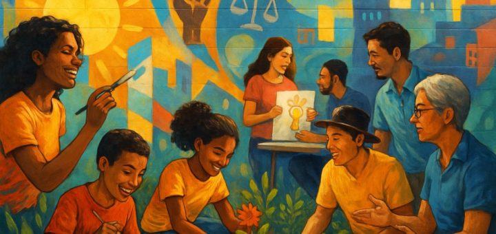 A vibrant community mural depicting diverse groups of people engaging in collaborative projects, symbolizing community-led solutions. The scene includes individuals of different ages and backgrounds painting, planting, and discussing ideas together in a colorful urban setting. Bright sunlight casts a warm glow, creating an inviting atmosphere. The mural's art features abstract elements that represent hope and unity, while graffiti-style symbols of social justice and advocacy subtly enhance the background. The image is composed in high definition, capturing the intricate details and expressions of collaboration.