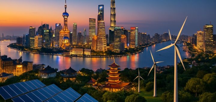 A vibrant aerial view of the bustling cities in China's Yangtze River Delta at dusk, showcasing a dynamic skyline filled with modern skyscrapers and traditional architecture. The scene is illuminated by the warm glow of city lights reflecting on the tranquil river, with green parks scattered throughout, symbolizing the blend of urbanization and nature. In the foreground, solar panels and wind turbines are integrated into the landscape, emphasizing the theme of energy efficiency and sustainability as technology meets tradition. The atmosphere is lively and optimistic, depicting a harmonious coexistence of digital innovation and green initiatives, captured in high definition.