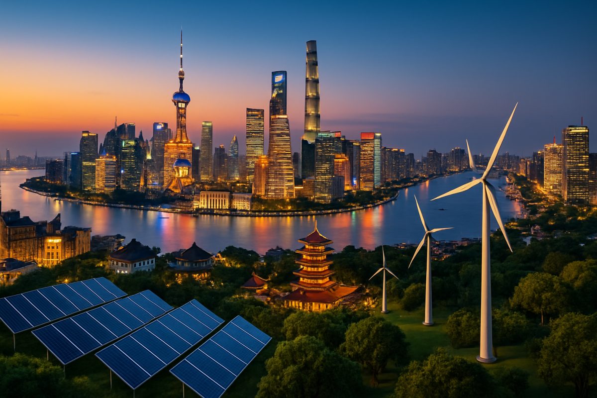A vibrant aerial view of the bustling cities in China's Yangtze River Delta at dusk, showcasing a dynamic skyline filled with modern skyscrapers and traditional architecture. The scene is illuminated by the warm glow of city lights reflecting on the tranquil river, with green parks scattered throughout, symbolizing the blend of urbanization and nature. In the foreground, solar panels and wind turbines are integrated into the landscape, emphasizing the theme of energy efficiency and sustainability as technology meets tradition. The atmosphere is lively and optimistic, depicting a harmonious coexistence of digital innovation and green initiatives, captured in high definition.