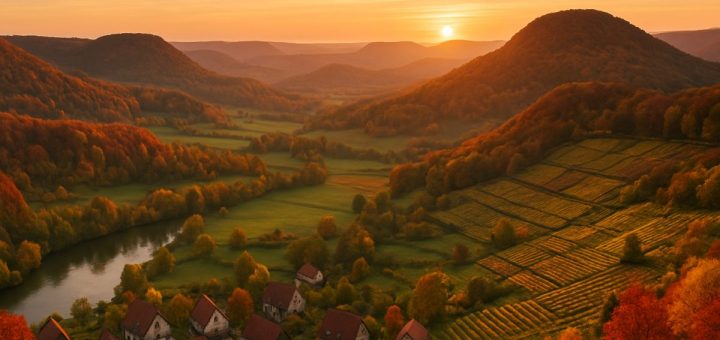 A breathtaking panoramic view of the Swabian Jura during early autumn, showcasing rolling hills adorned with vibrant foliage in rich reds, oranges, and yellows. In the foreground, a quaint village with rustic houses nestled among the trees, and a serene river weaving through the landscape. Soft golden light bathes the scene as the sun sets on the horizon, casting long shadows and illuminating the charming vineyard terraces. Captured in high definition, this image evokes a sense of tranquility and the beauty of seasonal change in Alb-Donau-Kreis.