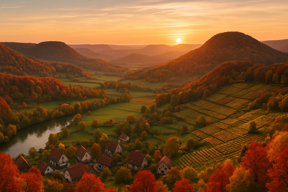 A breathtaking panoramic view of the Swabian Jura during early autumn, showcasing rolling hills adorned with vibrant foliage in rich reds, oranges, and yellows. In the foreground, a quaint village with rustic houses nestled among the trees, and a serene river weaving through the landscape. Soft golden light bathes the scene as the sun sets on the horizon, casting long shadows and illuminating the charming vineyard terraces. Captured in high definition, this image evokes a sense of tranquility and the beauty of seasonal change in Alb-Donau-Kreis.