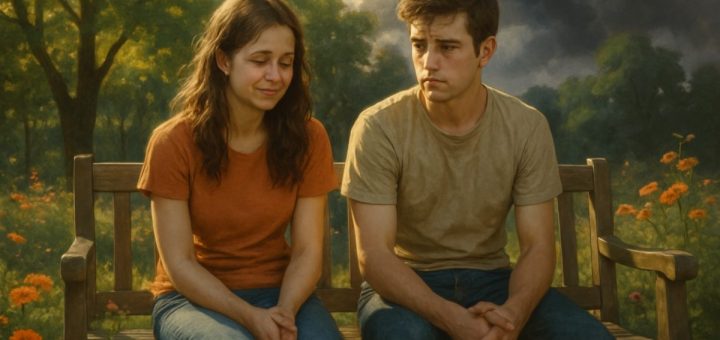 A serene yet poignant scene depicting a young couple on a park bench, their expressions reflecting a mix of joy and unease. The sunlight filters through the trees, casting dappled shadows around them, while in the background, a subtle outline of storm clouds looms, hinting at unspoken tensions. Around the scene, vibrant flowers bloom, symbolizing hope and resilience amidst the hidden struggles of youth. The overall atmosphere is a delicate balance of warmth and unease, showcasing the complexities of their relationship. High definition, with rich colors and intricate details that draw the viewer into the emotional landscape of adolescence.