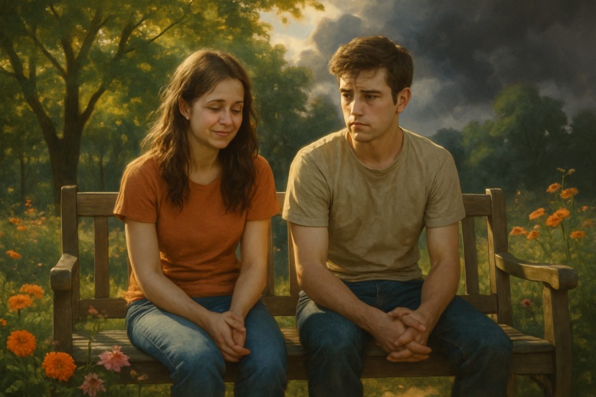 A serene yet poignant scene depicting a young couple on a park bench, their expressions reflecting a mix of joy and unease. The sunlight filters through the trees, casting dappled shadows around them, while in the background, a subtle outline of storm clouds looms, hinting at unspoken tensions. Around the scene, vibrant flowers bloom, symbolizing hope and resilience amidst the hidden struggles of youth. The overall atmosphere is a delicate balance of warmth and unease, showcasing the complexities of their relationship. High definition, with rich colors and intricate details that draw the viewer into the emotional landscape of adolescence.
