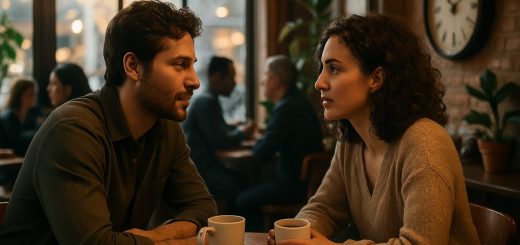 A cozy coffee shop setting with a couple sitting at a small table, deep in conversation. Their expressions reflect a mix of intrigue and connection, surrounded by warm, inviting light filtering through large windows. In the background, blurred figures of diverse patrons engage in their own interactions, hinting at a vibrant community atmosphere. Decorative plants add a touch of greenery, while a vintage clock on the wall subtly suggests the passage of time. The image captures the essence of human connection amidst the complexities of modern life in high definition.