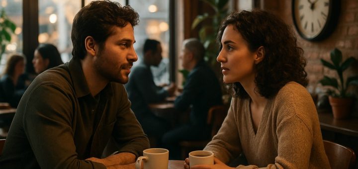 A cozy coffee shop setting with a couple sitting at a small table, deep in conversation. Their expressions reflect a mix of intrigue and connection, surrounded by warm, inviting light filtering through large windows. In the background, blurred figures of diverse patrons engage in their own interactions, hinting at a vibrant community atmosphere. Decorative plants add a touch of greenery, while a vintage clock on the wall subtly suggests the passage of time. The image captures the essence of human connection amidst the complexities of modern life in high definition.
