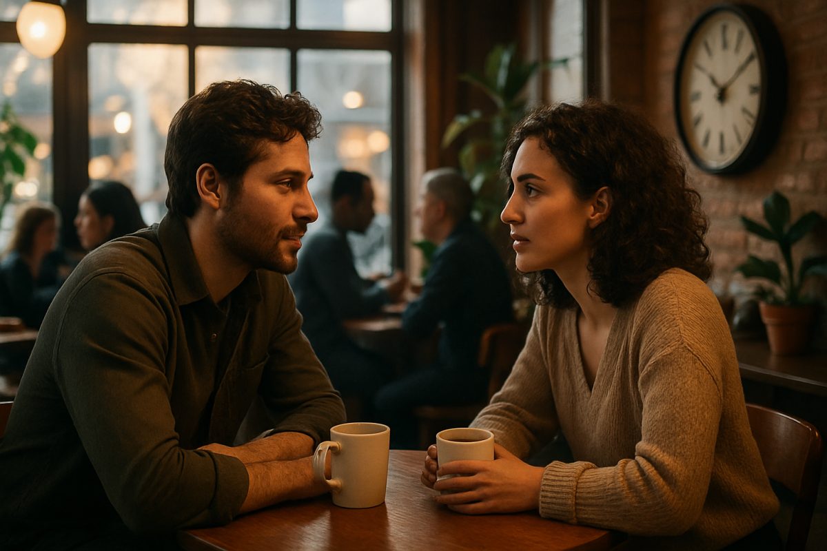A cozy coffee shop setting with a couple sitting at a small table, deep in conversation. Their expressions reflect a mix of intrigue and connection, surrounded by warm, inviting light filtering through large windows. In the background, blurred figures of diverse patrons engage in their own interactions, hinting at a vibrant community atmosphere. Decorative plants add a touch of greenery, while a vintage clock on the wall subtly suggests the passage of time. The image captures the essence of human connection amidst the complexities of modern life in high definition.